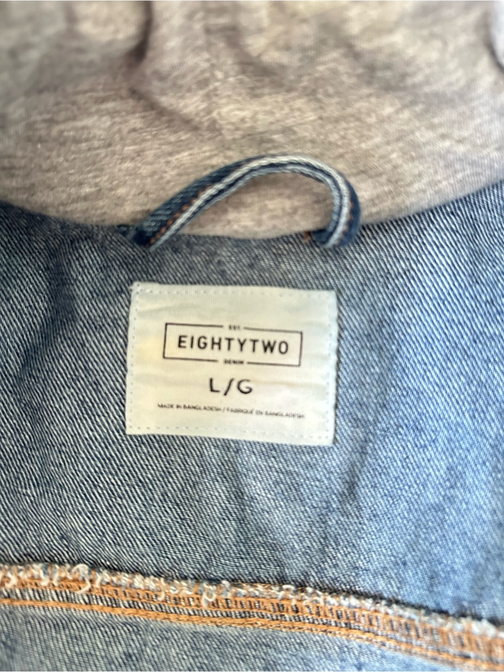 Eighty Two Women’s Denim Jacket with Heather Grey Hoodie & Sleeves 90s Varsity L - Picture 3 of 7